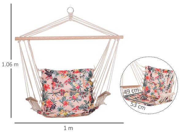 Outsunny Garden Outdoor Hanging Hammock Chair Thick Rope Frame Wooden Arms Safe Wide Seat Garden Outdoor Spot Stylish Multicoloured floral Aosom UK