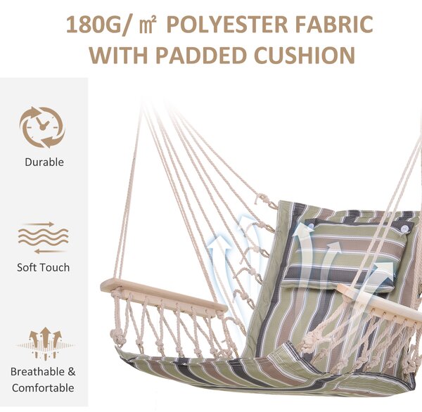 Outsunny Hanging Hammock Chair, Outdoor Garden Rope Swing with Wooden Arms, Wide Safe Seat, Stylish Multicoloured Stripes Aosom UK
