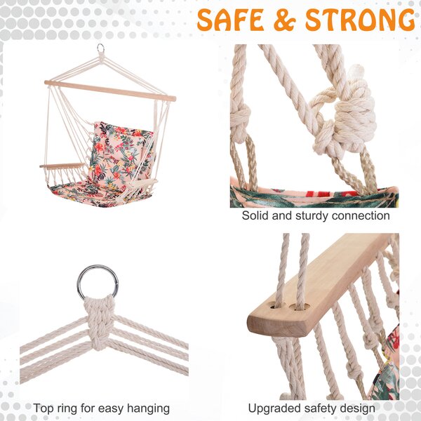 Outsunny Garden Outdoor Hanging Hammock Chair Thick Rope Frame Wooden Arms Safe Wide Seat Garden Outdoor Spot Stylish Multicoloured floral Aosom UK