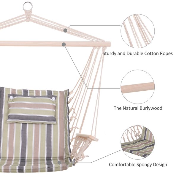 Outsunny Hanging Hammock Chair, Outdoor Garden Rope Swing with Wooden Arms, Wide Safe Seat, Stylish Multicoloured Stripes Aosom UK