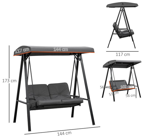 Outsunny 2 Seater Garden Swing Chair Outdoor Hammock Bench with Steel Frame Adjustable Tilting Canopy for Patio, Grey