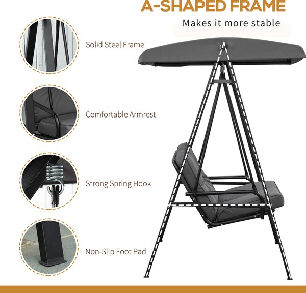 Outsunny 2 Seater Garden Swing Chair Outdoor Hammock Bench with Steel Frame Adjustable Tilting Canopy for Patio, Grey