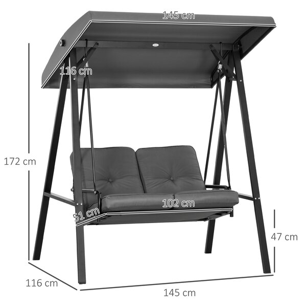 Outsunny Two-Seater Garden Swing Bench, with Adjustable Canopy - Dark Grey