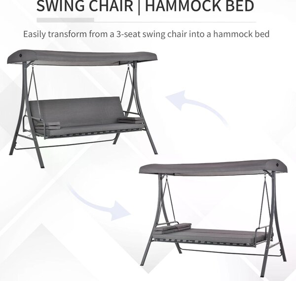Outsunny Outdoor 2-in-1 Patio Swing Chair Lounger 3 Seater Garden Bench Hammock Bed Adjustable Canopy W/ Cushion, Pillow, Grey