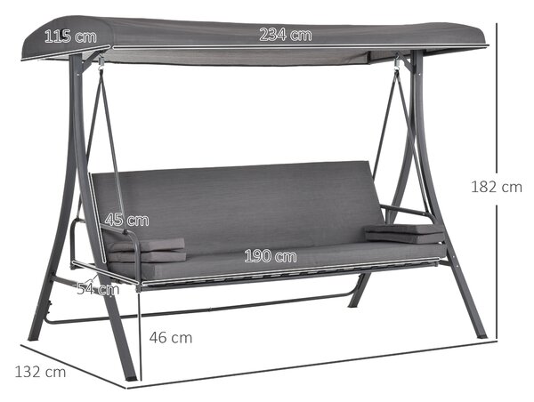 Outsunny Outdoor 2-in-1 Patio Swing Chair Lounger 3 Seater Garden Bench Hammock Bed Adjustable Canopy W/ Cushion, Pillow, Grey