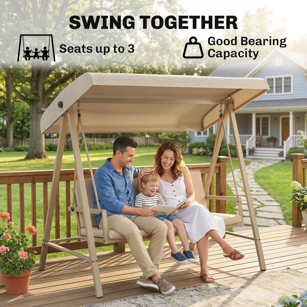 Outsunny 3 Seater Garden Swing Chair, Outdoor Hammock Bench with Adjustable Canopy, Removable Cushions and Steel Frame, Beige