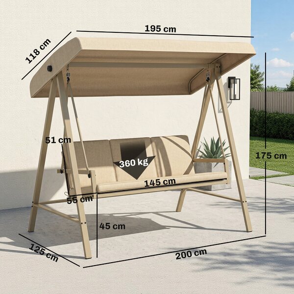 Outsunny 3 Seater Garden Swing Chair, Outdoor Hammock Bench with Adjustable Canopy, Removable Cushions and Steel Frame, Beige