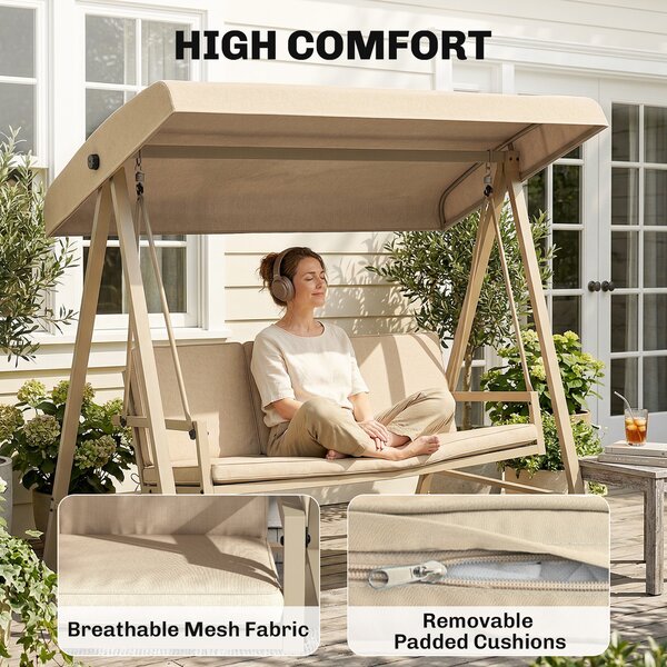 Outsunny 3 Seater Garden Swing Chair, Outdoor Hammock Bench with Adjustable Canopy, Removable Cushions and Steel Frame, Beige