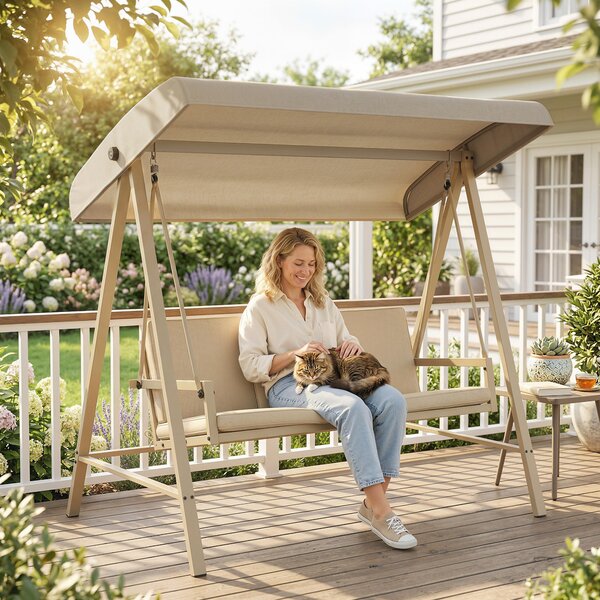 Outsunny 3 Seater Garden Swing Chair, Outdoor Hammock Bench with Adjustable Canopy, Removable Cushions and Steel Frame, Beige