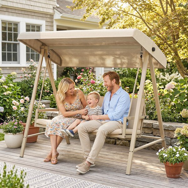 Outsunny 3 Seater Garden Swing Chair, Outdoor Hammock Bench with Adjustable Canopy, Removable Cushions and Steel Frame, Beige
