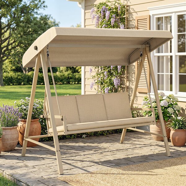 Outsunny 3 Seater Garden Swing Chair, Outdoor Hammock Bench with Adjustable Canopy, Removable Cushions and Steel Frame, Beige