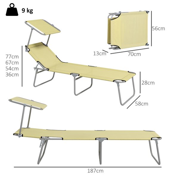 Outsunny Outdoor Foldable Sun Lounger Set of 2, 4 Level Adjustable Backrest, Reclining Chair with Angle Adjust Sun Shade Awning, Beige