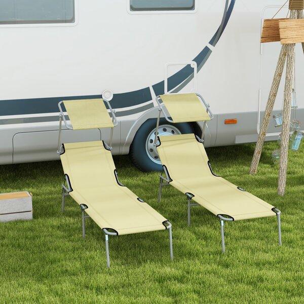 Outsunny Outdoor Foldable Sun Lounger Set of 2, 4 Level Adjustable Backrest, Reclining Chair with Angle Adjust Sun Shade Awning, Beige