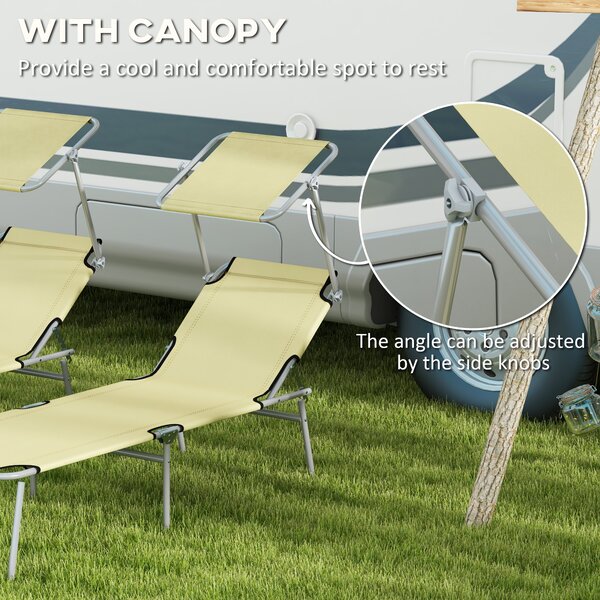 Outsunny Outdoor Foldable Sun Lounger Set of 2, 4 Level Adjustable Backrest, Reclining Chair with Angle Adjust Sun Shade Awning, Beige