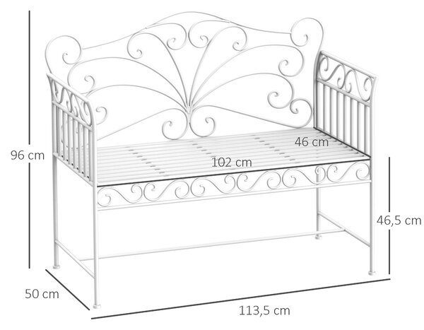 Outsunny Garden 2 Seater Metal Bench Park Seating Outdoor Furniture Chair w/ Decorative Backrest White