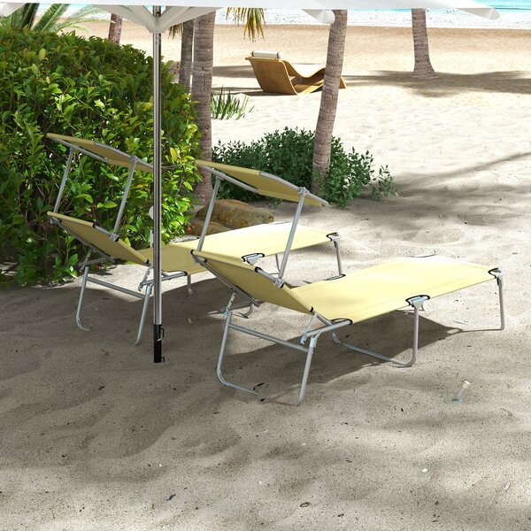 Outsunny Outdoor Foldable Sun Lounger Set of 2, 4 Level Adjustable Backrest, Reclining Chair with Angle Adjust Sun Shade Awning, Beige
