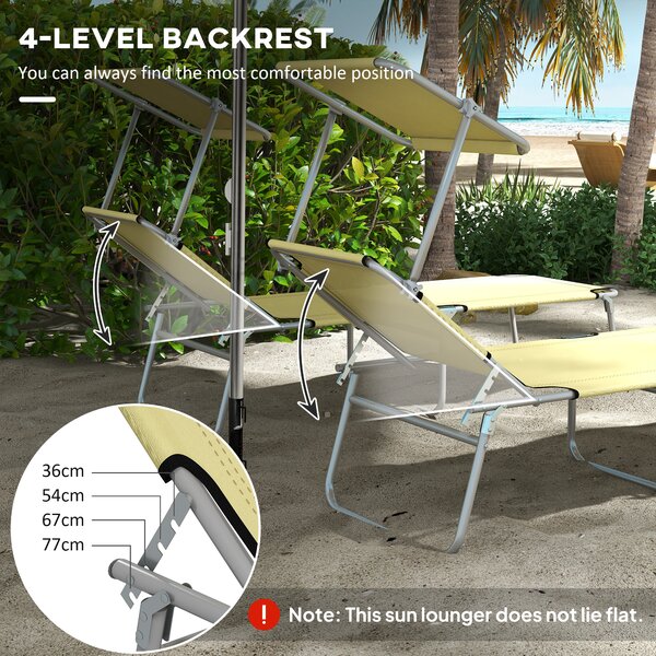 Outsunny Outdoor Foldable Sun Lounger Set of 2, 4 Level Adjustable Backrest, Reclining Chair with Angle Adjust Sun Shade Awning, Beige