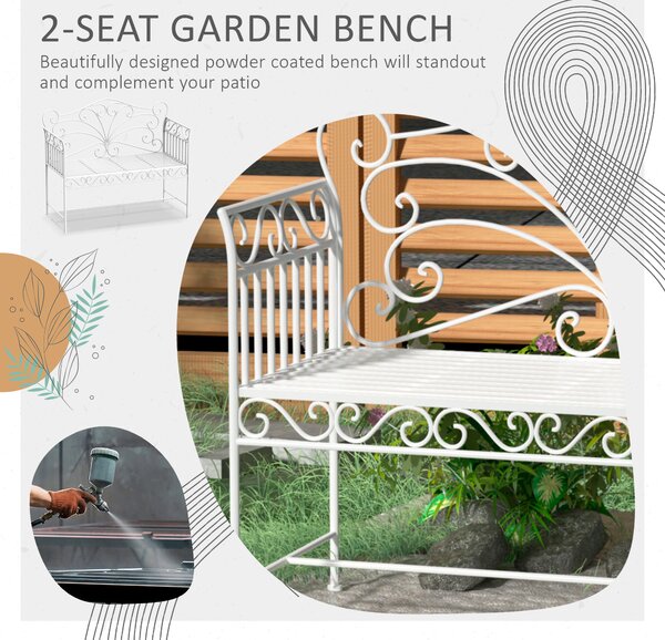 Outsunny Garden 2 Seater Metal Bench Park Seating Outdoor Furniture Chair w/ Decorative Backrest White
