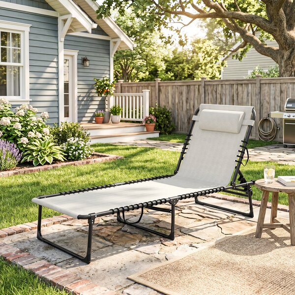 Outsunny Folding Chaise Lounge Chair Reclining Garden Sun Lounger with 4-Position Adjustable Backrest for Patio, Deck, and Poolside, Cream White