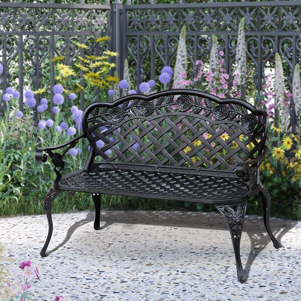 Outsunny Cast Aluminium Garden Bench Outdoor Patio 2 Seater High Back Chair Armrest Antique Style Black