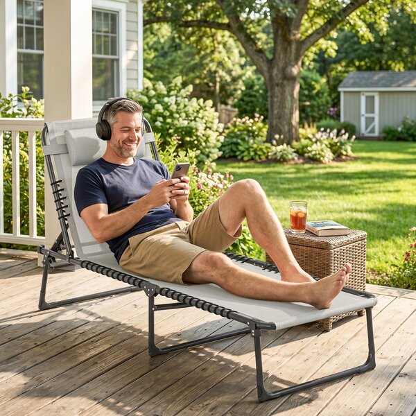 Outsunny Folding Chaise Lounge Chair Reclining Garden Sun Lounger with 4-Position Adjustable Backrest for Patio, Deck, and Poolside, Cream White