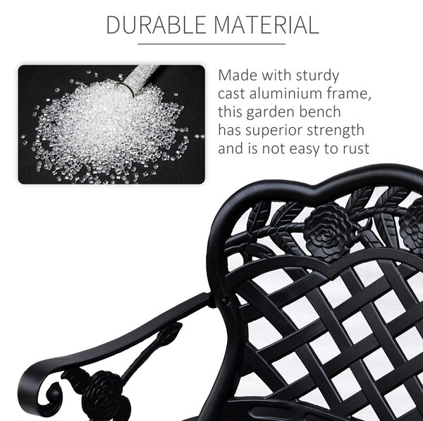 Outsunny Cast Aluminium Garden Bench Outdoor Patio 2 Seater High Back Chair Armrest Antique Style Black