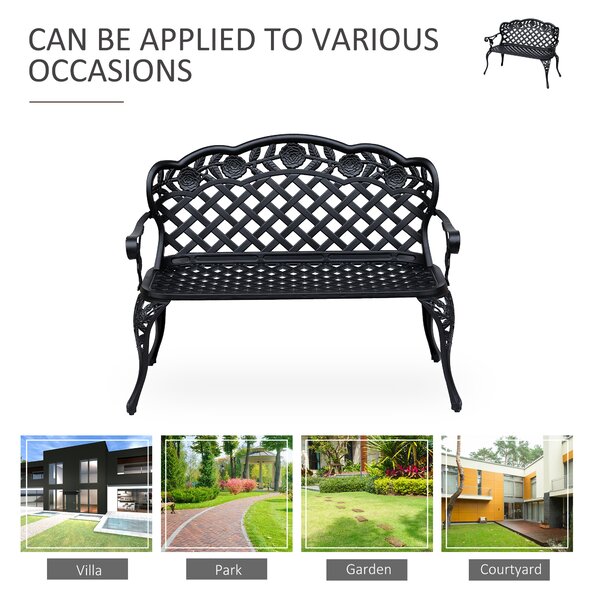 Outsunny Cast Aluminium Garden Bench Outdoor Patio 2 Seater High Back Chair Armrest Antique Style Black