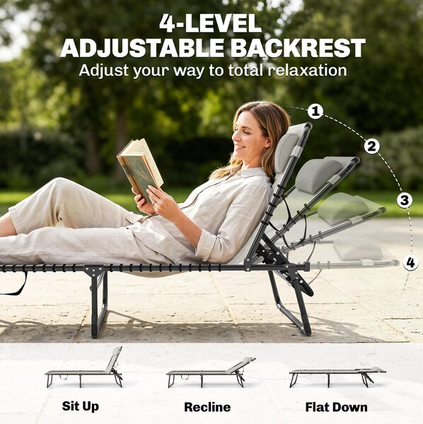 Outsunny Folding Chaise Lounge Chair Reclining Garden Sun Lounger with 4-Position Adjustable Backrest for Patio, Deck, and Poolside, Cream White