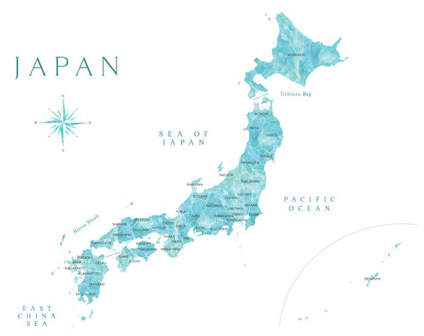 Map Map of Japan in aquamarine watercolor, Blursbyai