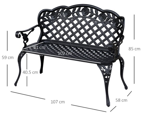 Outsunny Cast Aluminium Garden Bench Outdoor Patio 2 Seater High Back Chair Armrest Antique Style Black