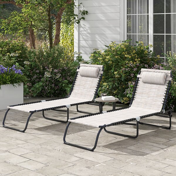 Outsunny 2 Piece Folding Sun Lounger Set, Beach Chaise Chair, 4 Position Adjustable, Garden Cot Camping Recliner, Cream White Aosom UK