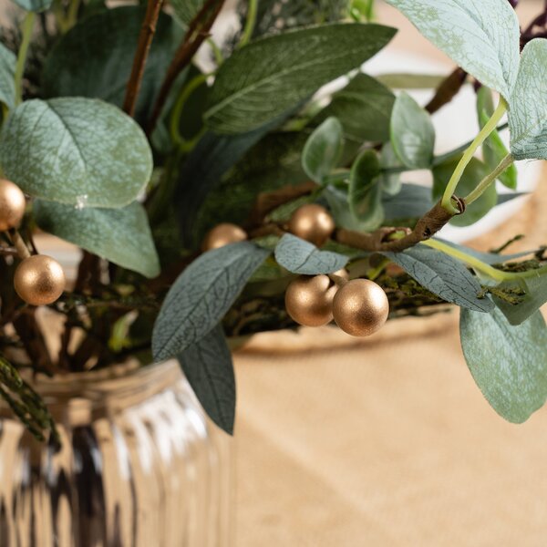 Artificial Eucalyptus Bouquet in Ribbed Glass Vase