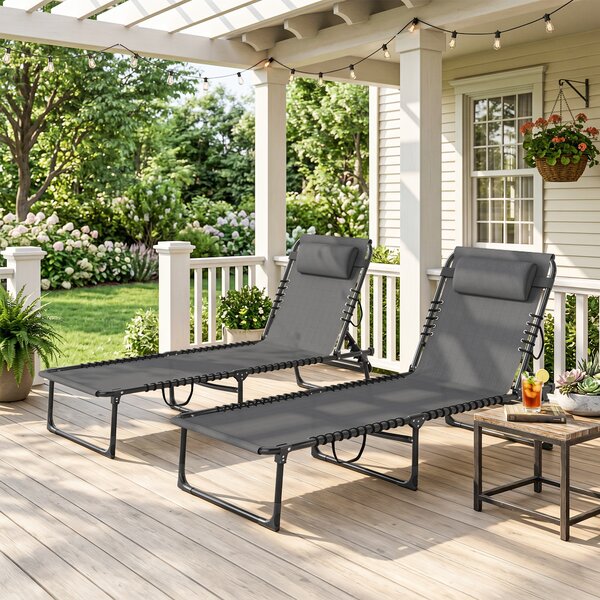 Outsunny Folding Sun Loungers: Dual Beach Recliners, 4-Position Adjustable, Grey Aosom UK