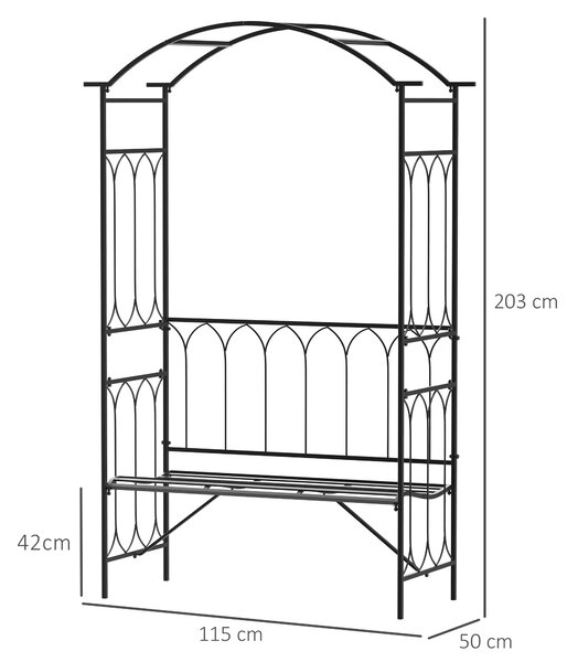 Outsunny Garden Metal Arch Bench Outdoor 2-Seater Chair, Patio Rose Trellis Arbour Pergola for Climbing Plant Vintage Classic Black 115x50x203H cm