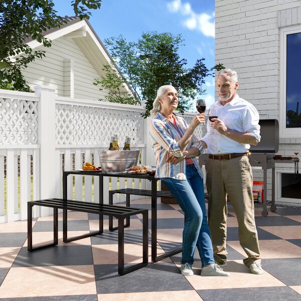 Outsunny 3Pcs Outdoor Dining Set Metal Beer Table Bench Patio Garden Yard Black Aosom UK