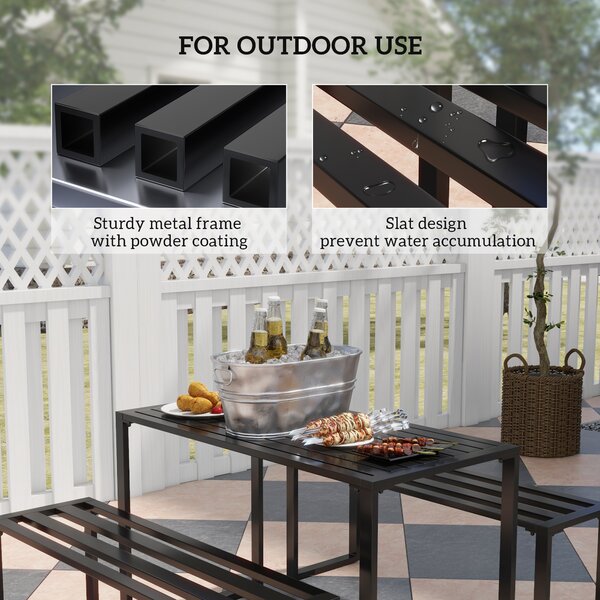 Outsunny 3Pcs Outdoor Dining Set Metal Beer Table Bench Patio Garden Yard Black Aosom UK