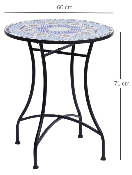 Outsunny Outdoor Mosaic Round Garden Table, Patio Bistro Coffee Side Table with 60cm Ceramic Top, Blue and White Aosom UK
