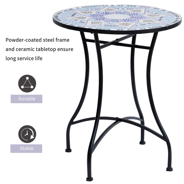 Outsunny Outdoor Mosaic Round Garden Table, Patio Bistro Coffee Side Table with 60cm Ceramic Top, Blue and White Aosom UK