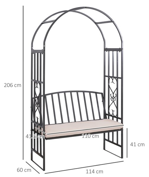 Outsunny Garden Metal Arch Bench, Outdoor Furniture Chair with Cushion Outdoor Patio Rose Trellis Arbour Pergola, for Climbing Plant 114x 60 x 206 cm