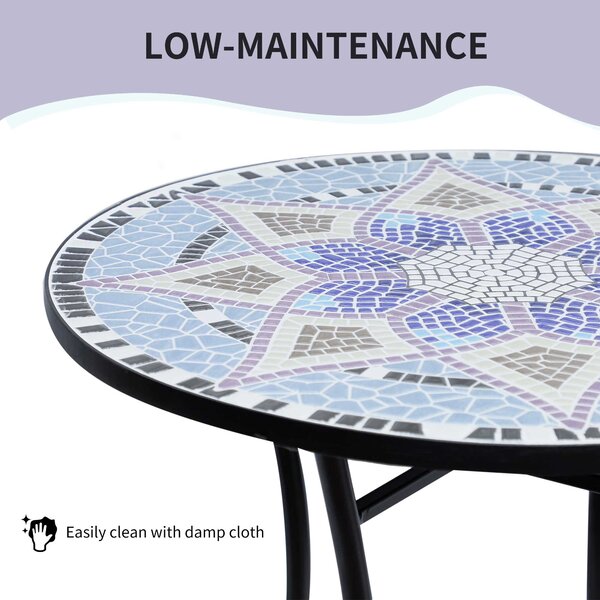 Outsunny Outdoor Mosaic Round Garden Table, Patio Bistro Coffee Side Table with 60cm Ceramic Top, Blue and White Aosom UK