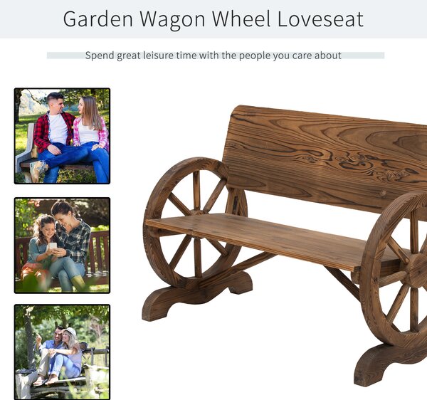 Outsunny Wooden Cart Wagon Wheel 2 Seater Garden Bench Outdoor Chair Rustic High Back Loveseat Burnt Stained