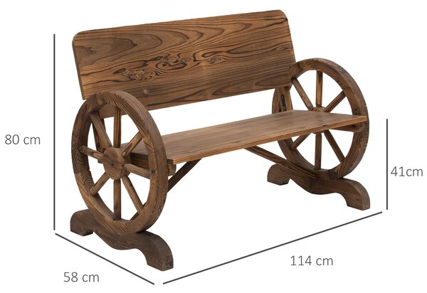 Outsunny Wooden Cart Wagon Wheel 2 Seater Garden Bench Outdoor Chair Rustic High Back Loveseat Burnt Stained