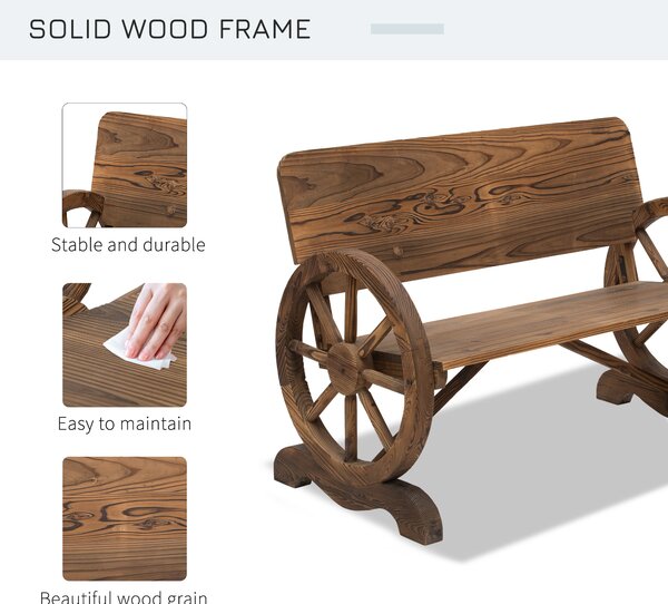 Outsunny Wooden Cart Wagon Wheel 2 Seater Garden Bench Outdoor Chair Rustic High Back Loveseat Burnt Stained
