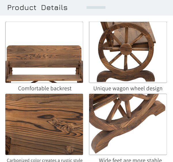 Outsunny Wooden Cart Wagon Wheel 2 Seater Garden Bench Outdoor Chair Rustic High Back Loveseat Burnt Stained
