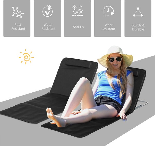 Outsunny Foldable Beach Chair Mats Set of 2: Lightweight Garden Sun Loungers with Adjustable Back & Head Pillow, Black Aosom UK