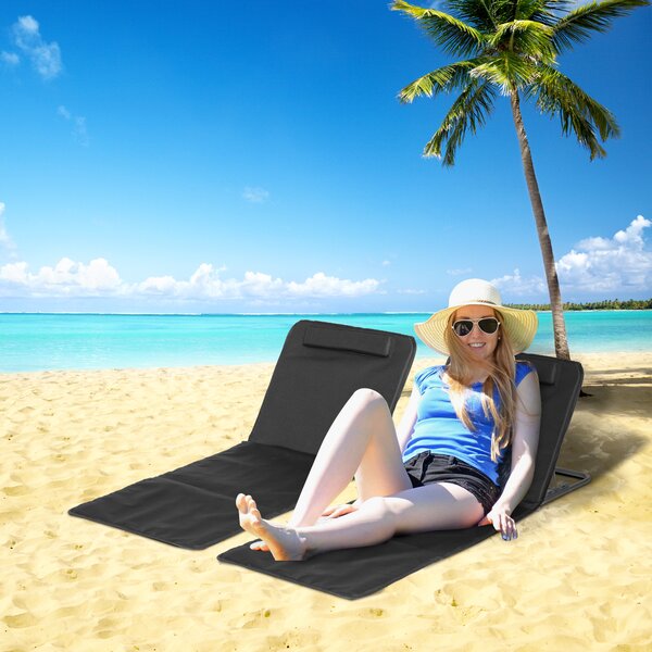 Outsunny Foldable Beach Chair Mats Set of 2: Lightweight Garden Sun Loungers with Adjustable Back & Head Pillow, Black Aosom UK