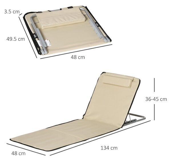 Outsunny Set of 2 Foldable Garden Beach Chair Mat Lightweight Outdoor Sun Lounger Seats Adjustable Back Metal Frame PE Head Pillow, Beige Aosom UK