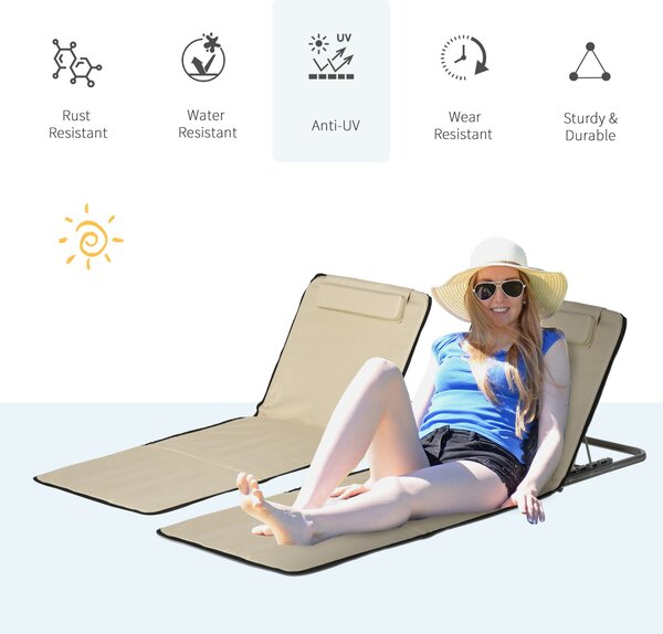 Outsunny Set of 2 Foldable Garden Beach Chair Mat Lightweight Outdoor Sun Lounger Seats Adjustable Back Metal Frame PE Head Pillow, Beige Aosom UK