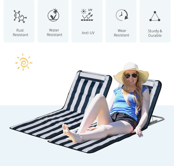 Outsunny Foldable Garden Beach Chair Mat, Set of 2, Lightweight, Adjustable Back, Metal Frame, PE Fabric with Head Pillow, Blue