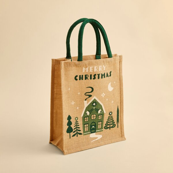 Medium 'Merry Christmas' House Jute Gift Bag